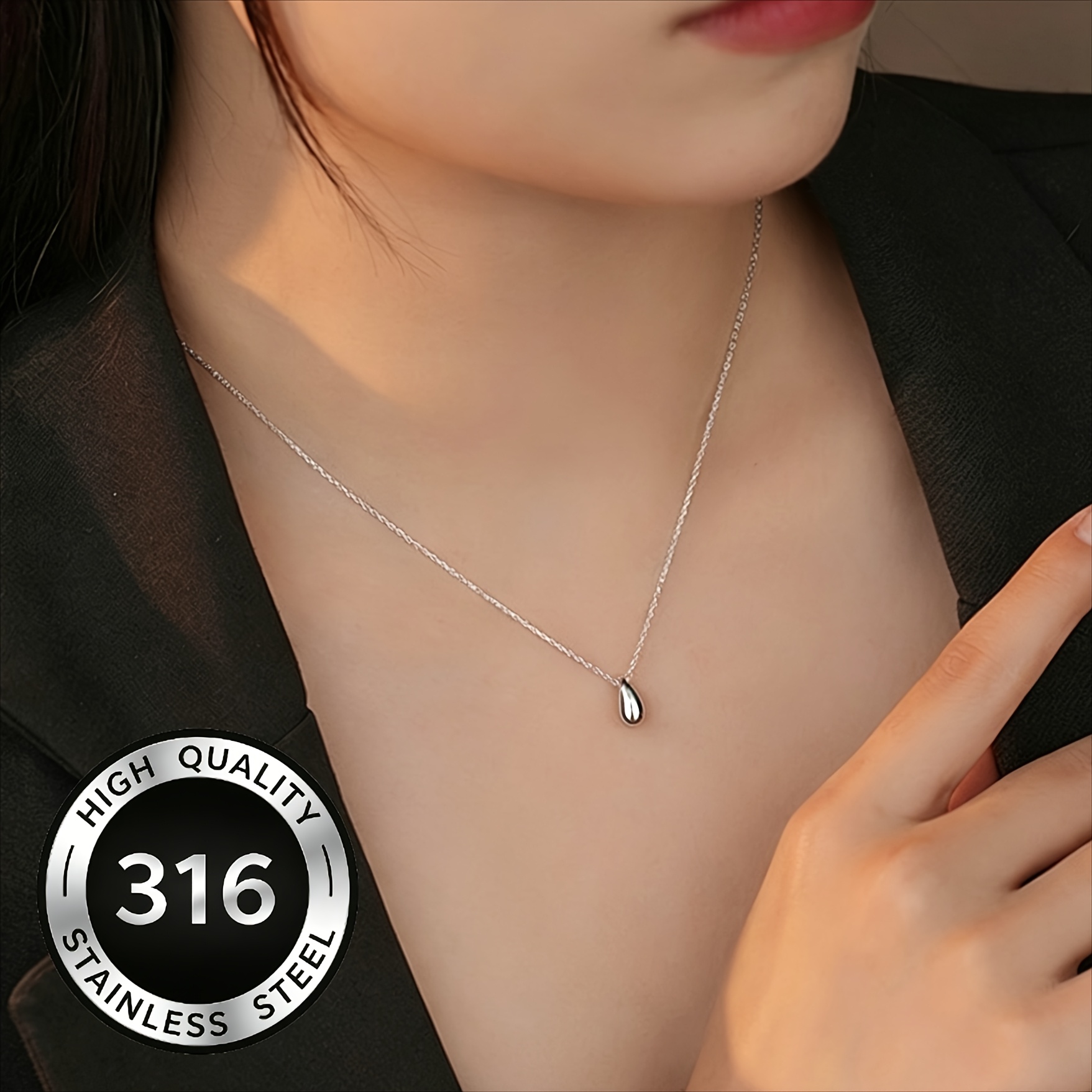Women's Small Water Drop Pendant Necklace, Stainless Steel
